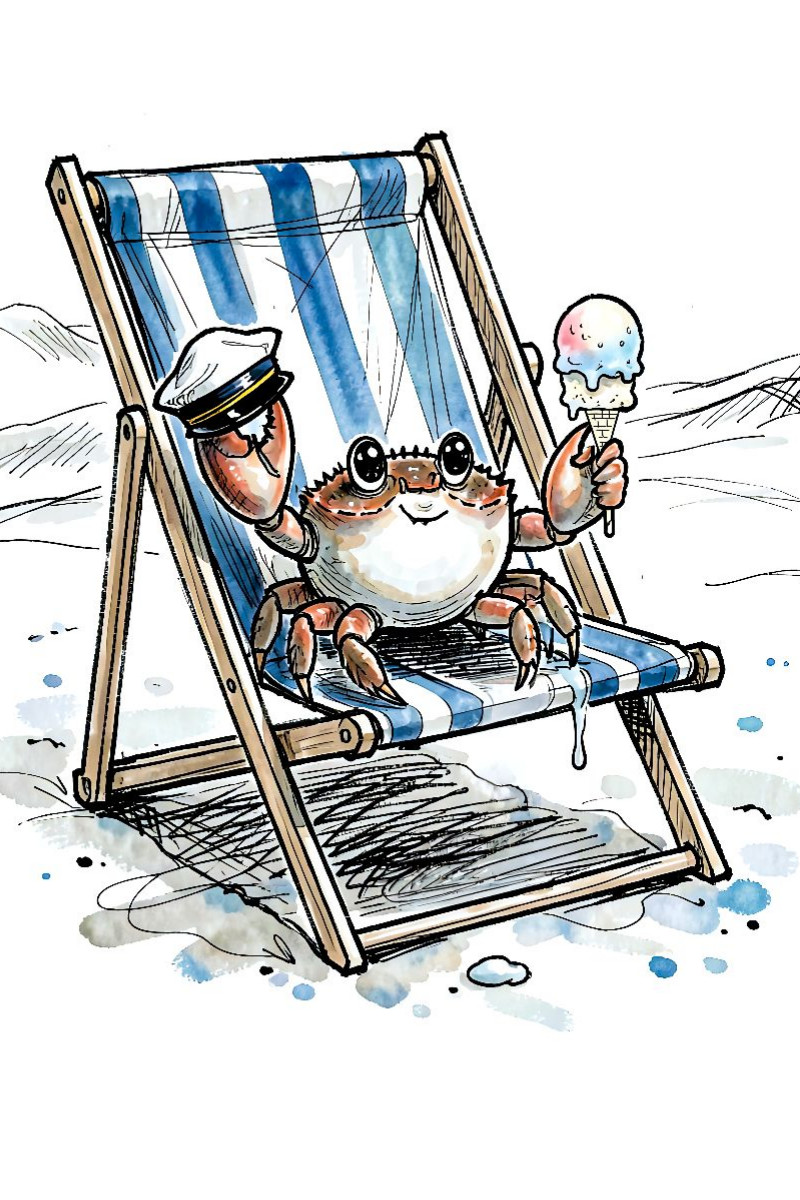 Entspannter Strandkrebs genießt Eis auf Sommer‑Leinwand