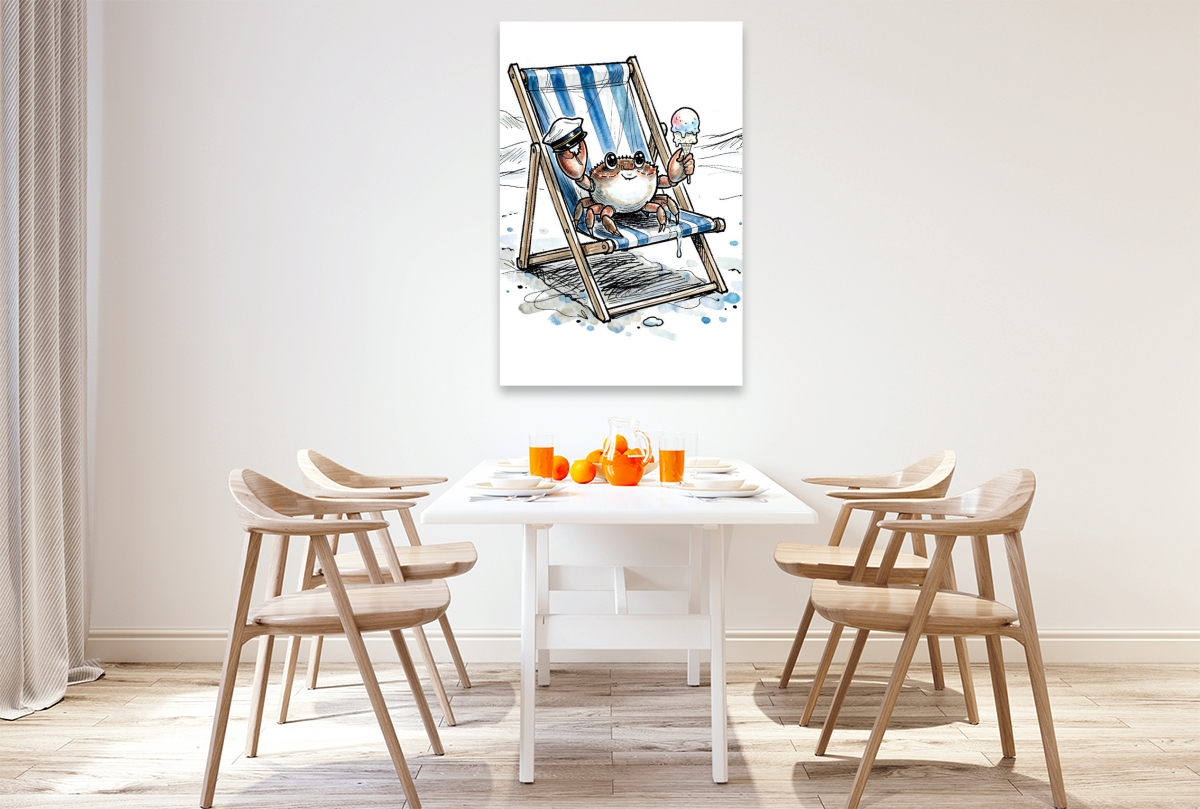 Entspannter Strandkrebs genießt Eis auf Sommer‑Leinwand