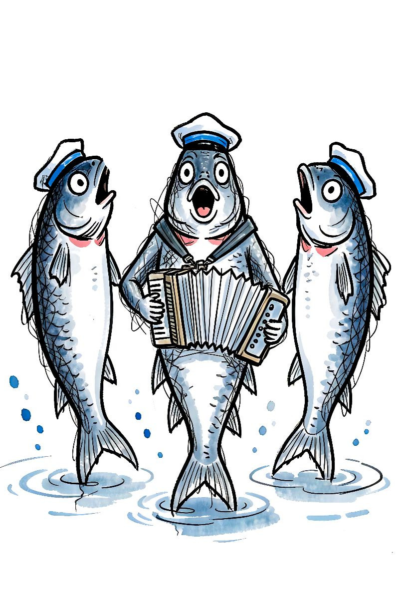 Singender Kabeljau führt maritimen Chantichor‑Leinwandauftritt