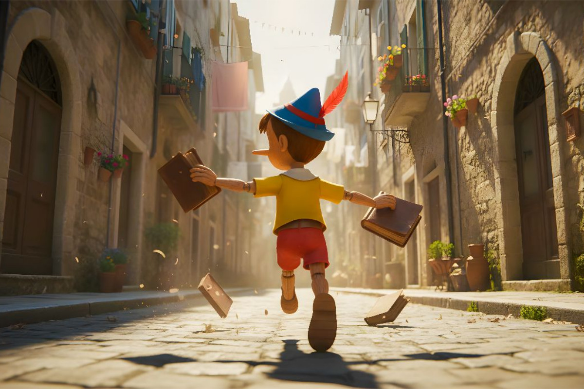 Pinocchio rennt lachend vor der Schule