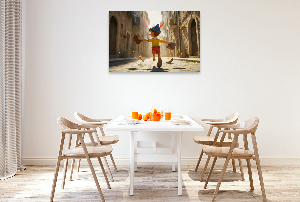 Pinocchio rennt lachend vor der Schule