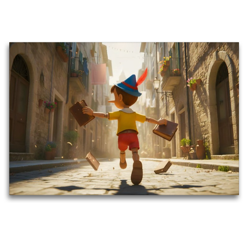 Pinocchio rennt lachend vor der Schule