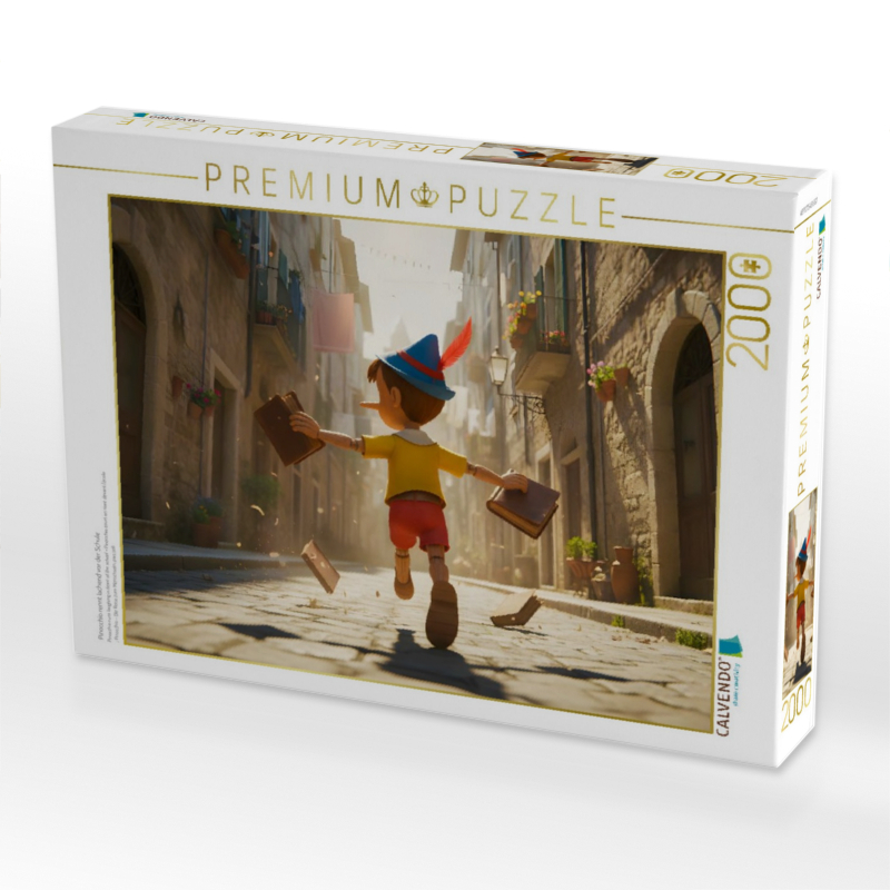 Pinocchio rennt lachend vor der Schule