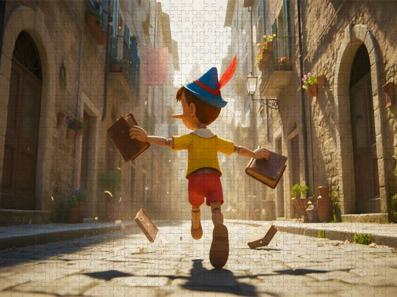Pinocchio rennt lachend vor der Schule