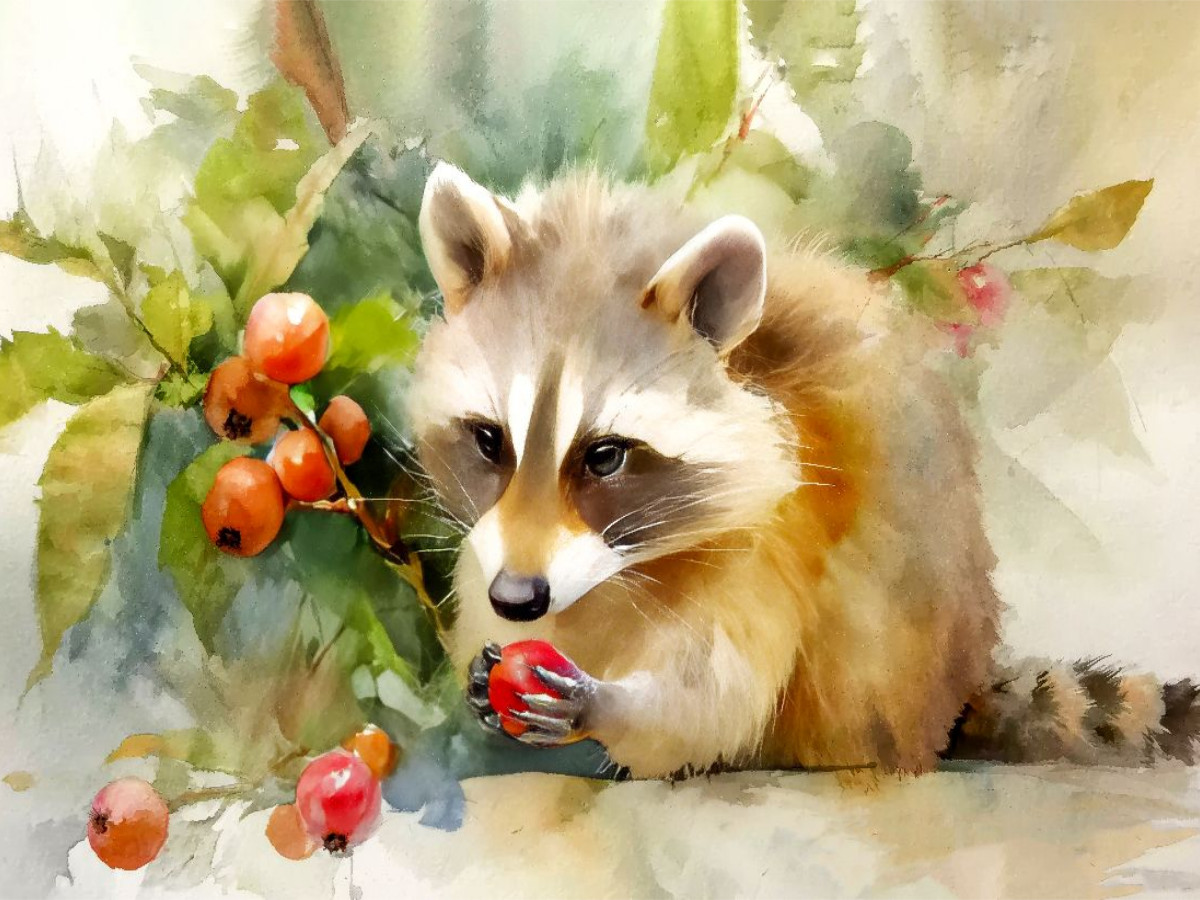 Ein Waschbär vernascht leuchtend roten Beeren
