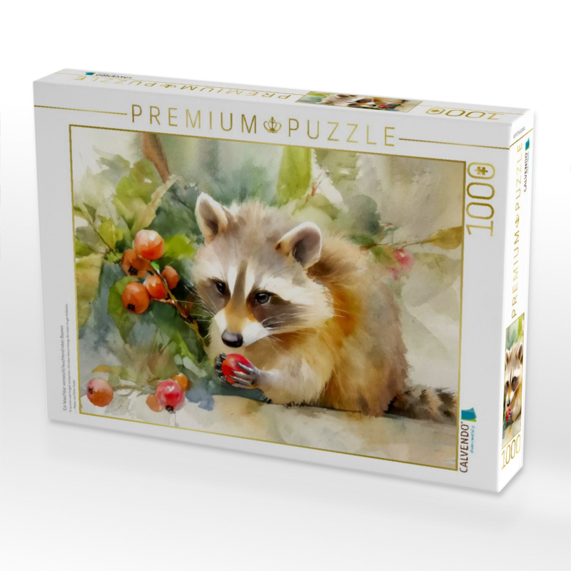 Ein Waschbär vernascht leuchtend roten Beeren