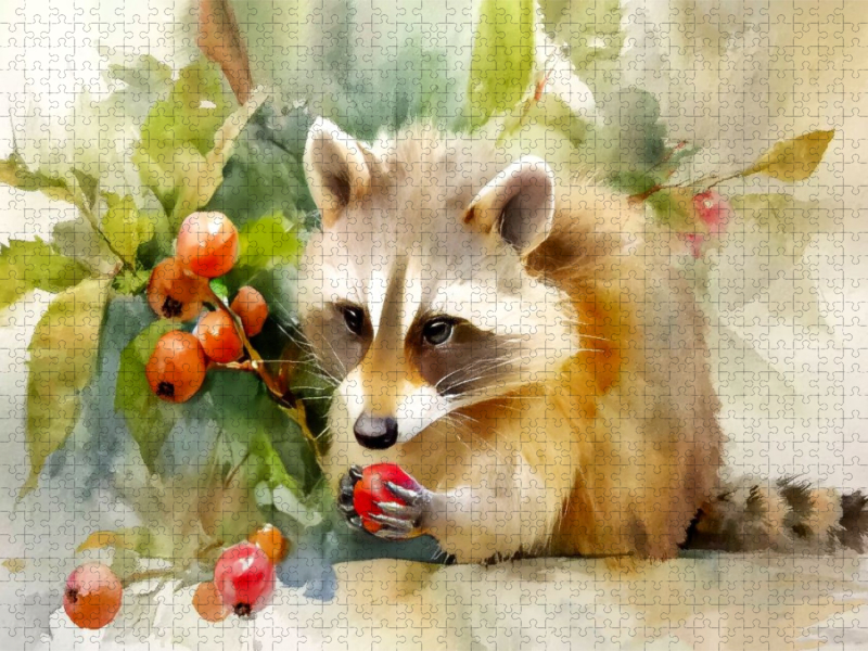 Ein Waschbär vernascht leuchtend roten Beeren