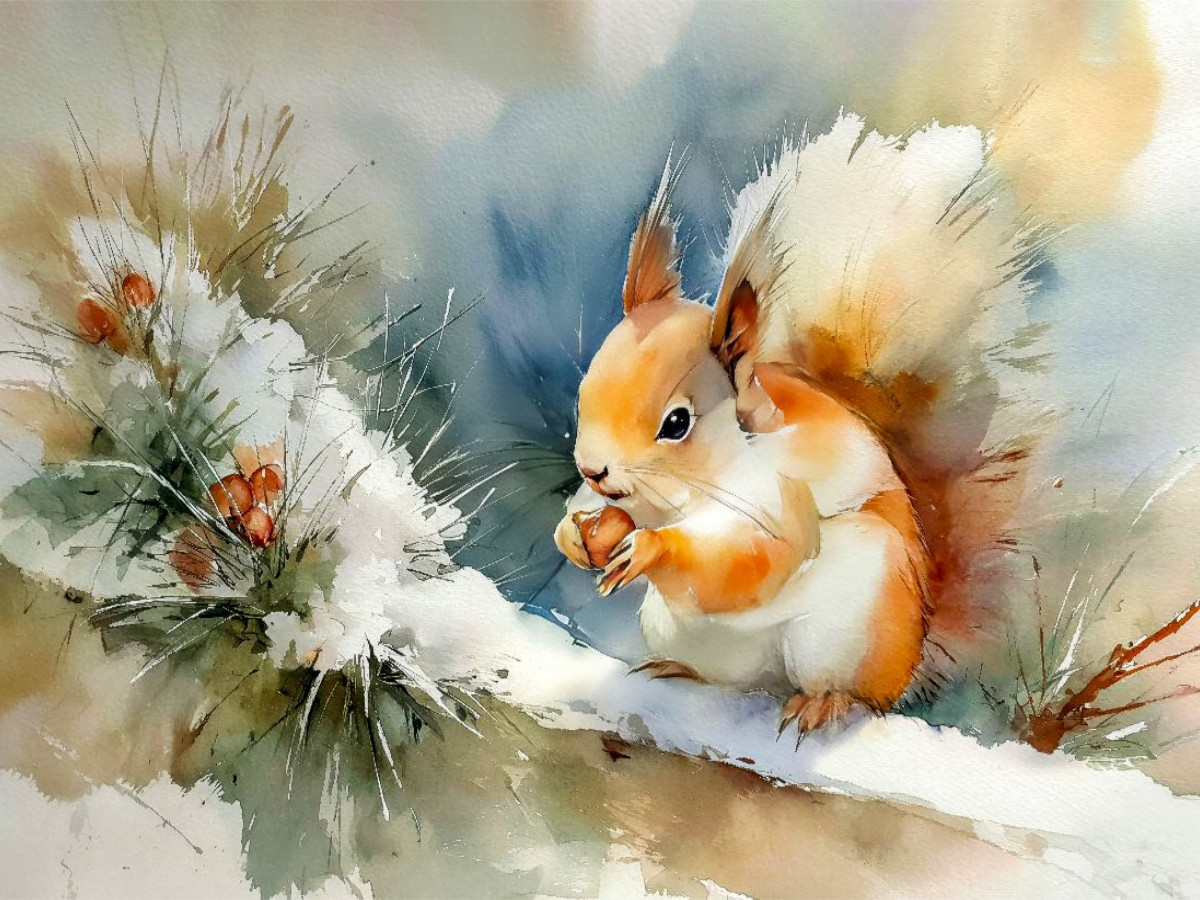 Ein Eichhörnchen knabbert an seinen Wintervorräten