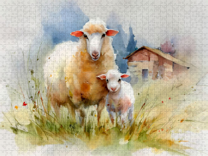 Ein Schaf behütet liebevoll ihr Lamm