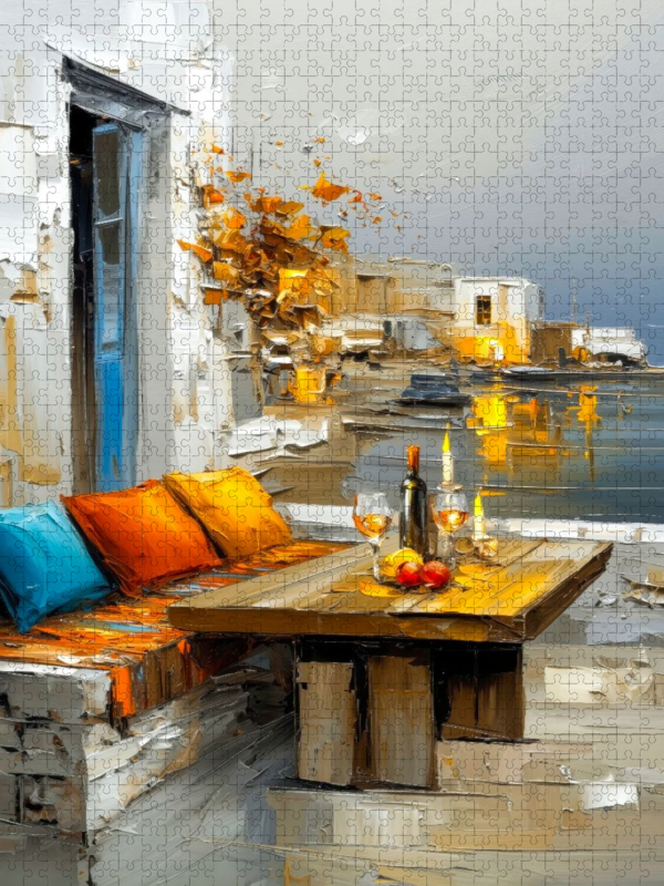 Eine Terrasse auf Mykonos mit Blick auf den Hafen