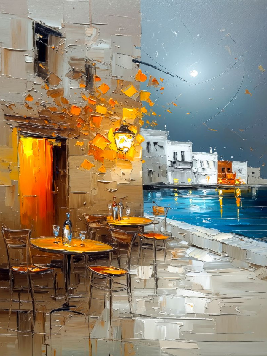 Ein gemütliches Strandcafé bei Nacht auf Mykonos