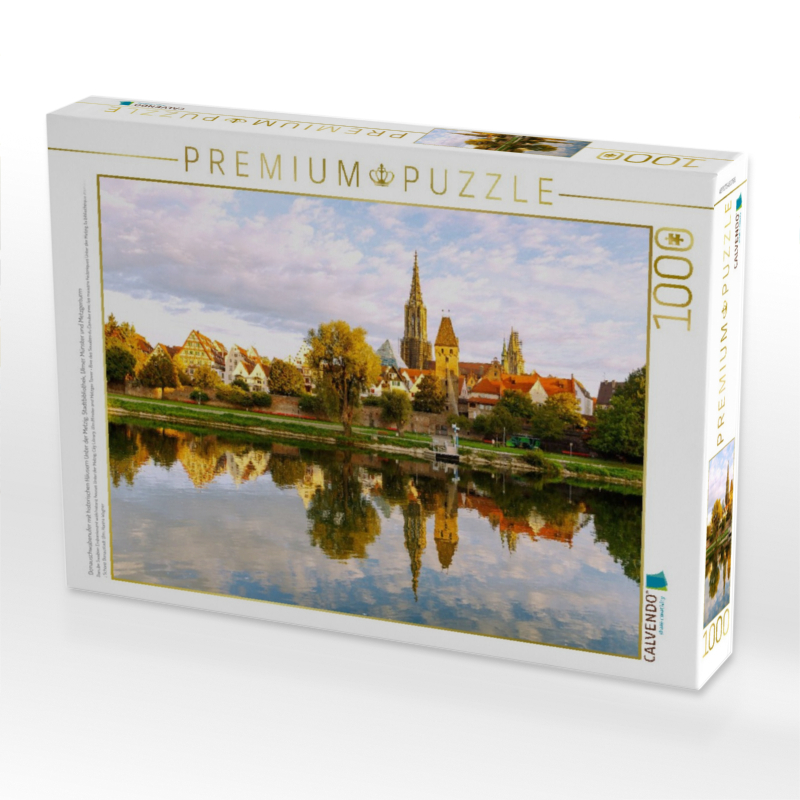 Donauschwabenufer mit historischen Häusern Unter der Metzig, Stadtbibliothek, Ulmer Münster und Metzgerturm