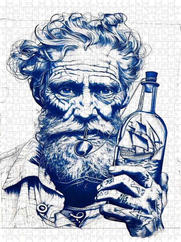 Seemann mit Buddelschiff in markanter Kugelschreiber Skizze und maritimer Ausstrahlung