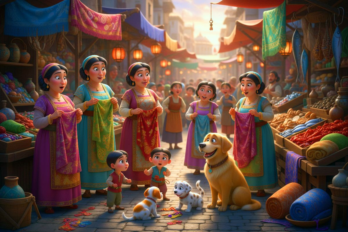 Bunte Stoffe und Neuigkeiten - Szene auf dem orientalischen Markt