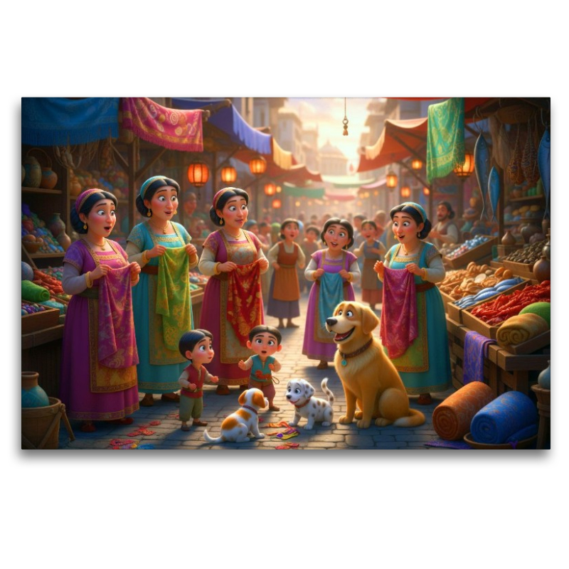 Bunte Stoffe und Neuigkeiten - Szene auf dem orientalischen Markt