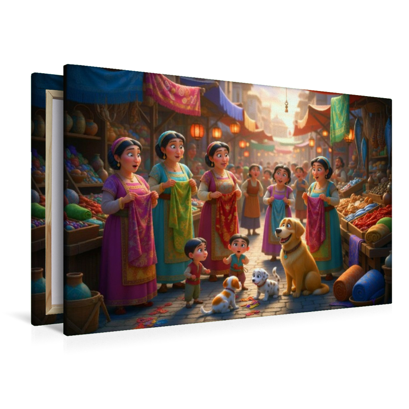 Bunte Stoffe und Neuigkeiten - Szene auf dem orientalischen Markt