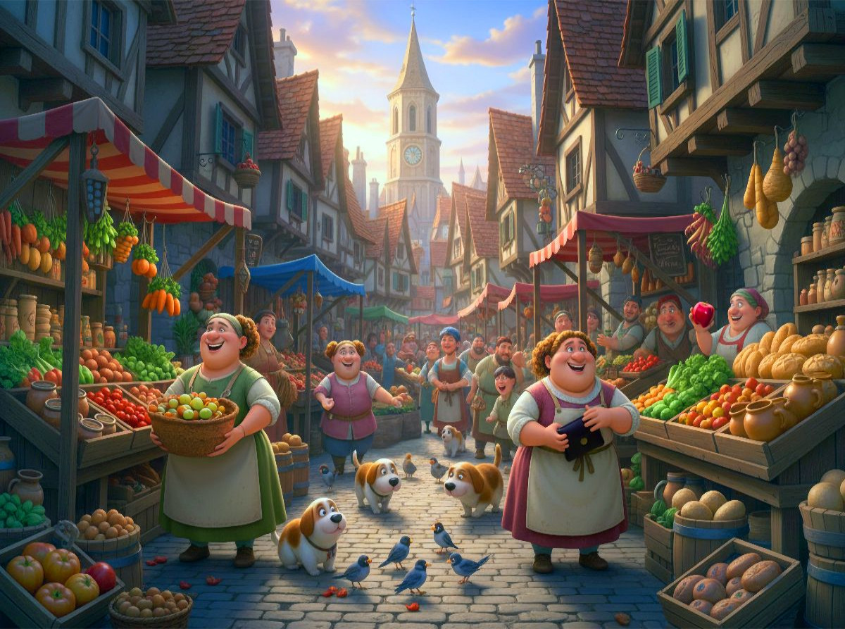 Bunte Gemüseträume - Händlerinnen auf dem mittelalterlichen Markt
