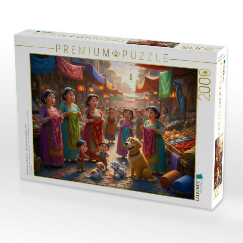 Bunte Stoffe und Neuigkeiten - Szene auf dem orientalischen Markt
