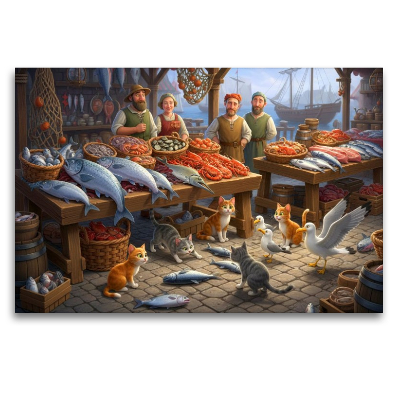 Guter Fang am Morgen - Katzen und Möwen am Fischmarkt
