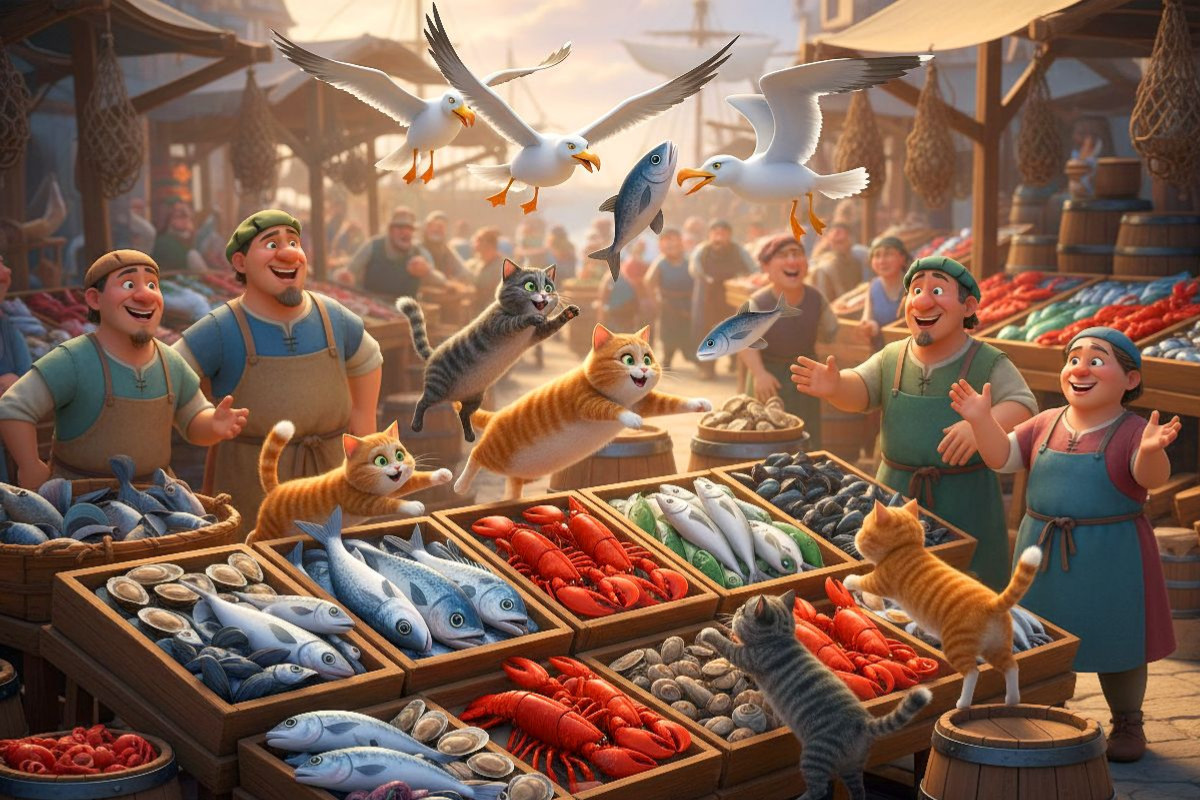 Fischfang mal anders - Katzen und Möwen auf dem Fischmarkt