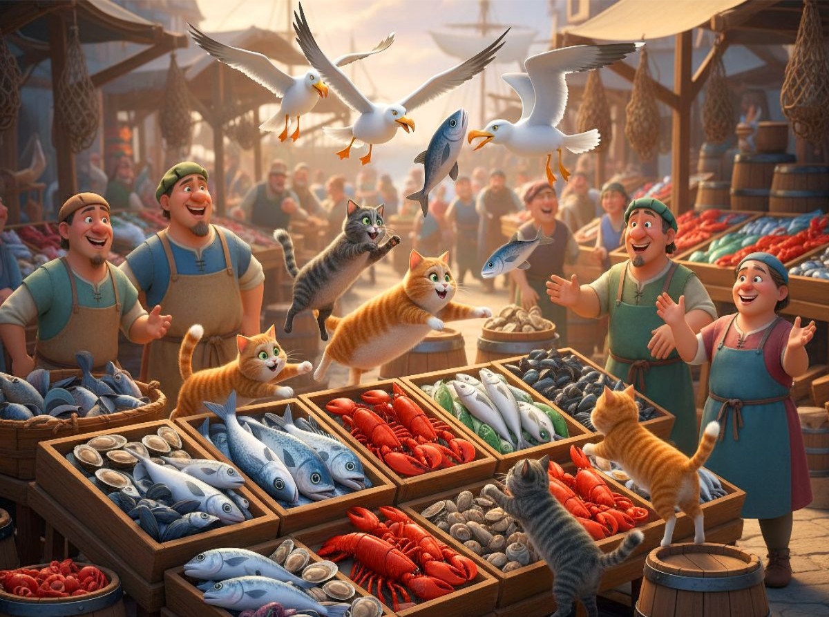 Fischfang mal anders - Katzen und Möwen auf dem Fischmarkt