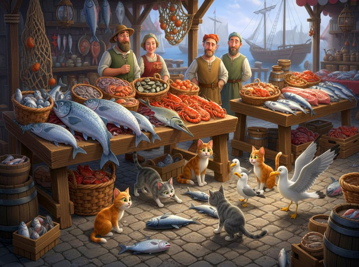Guter Fang am Morgen - Katzen und Möwen am Fischmarkt