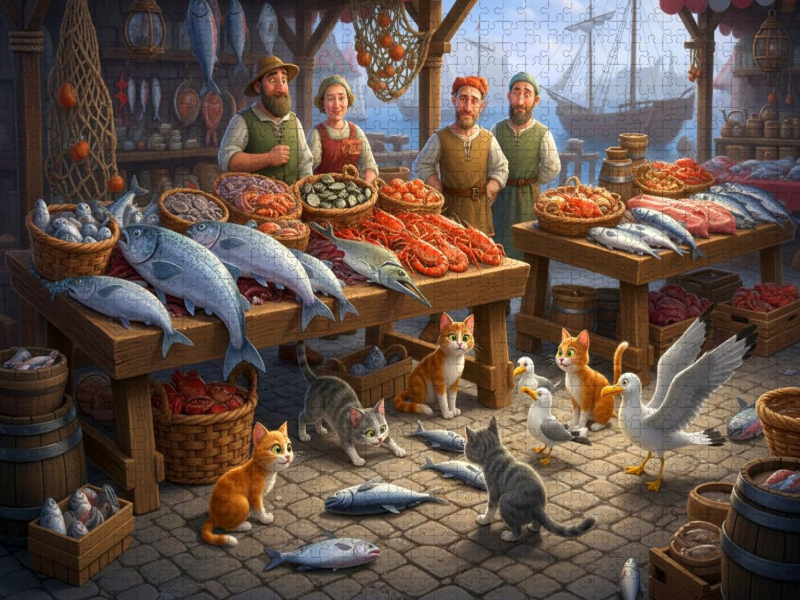 Guter Fang am Morgen - Katzen und Möwen am Fischmarkt