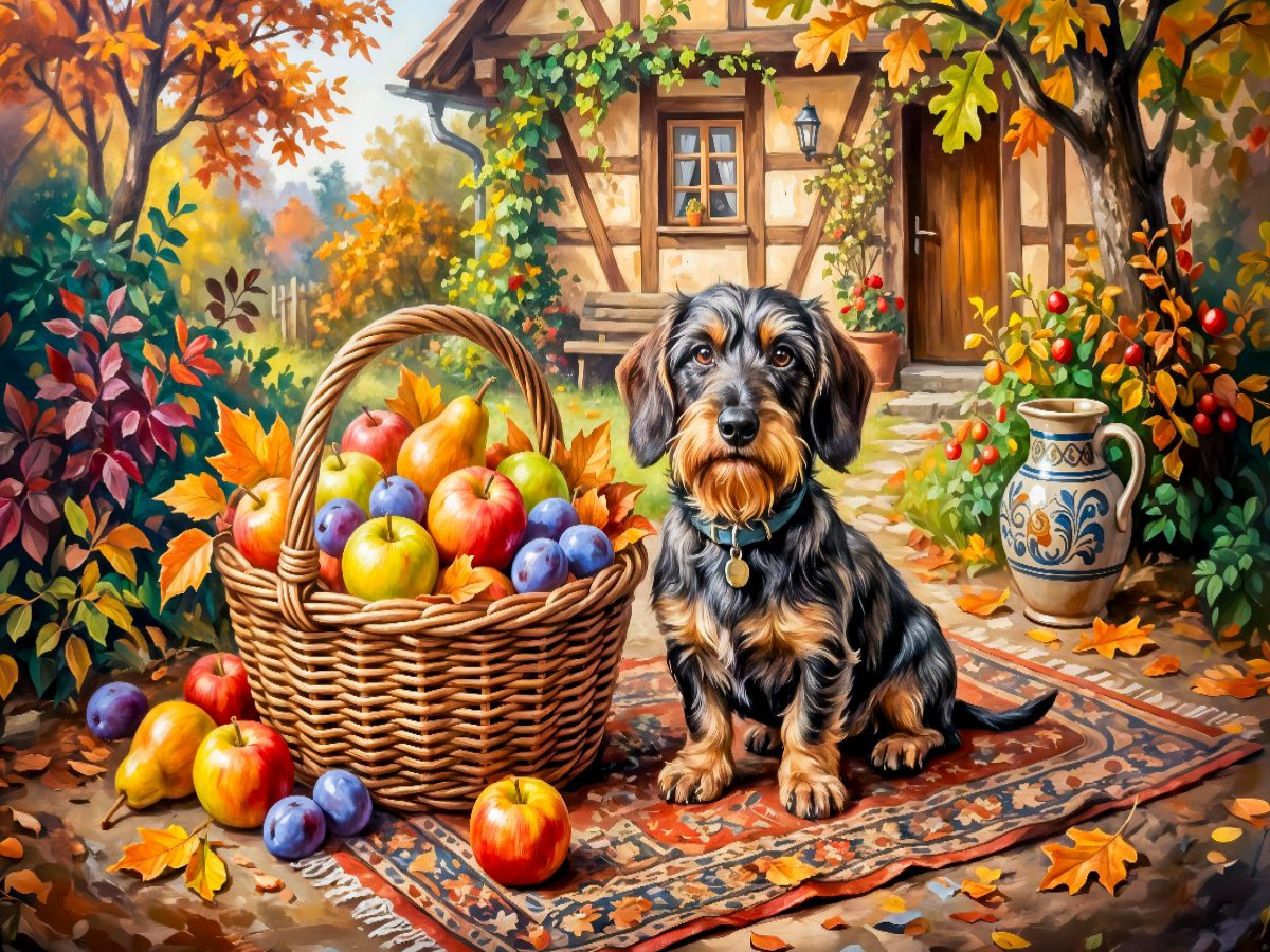 Dackel mit Früchtekorb vor herbstlichem Bauernhaus Puzzle