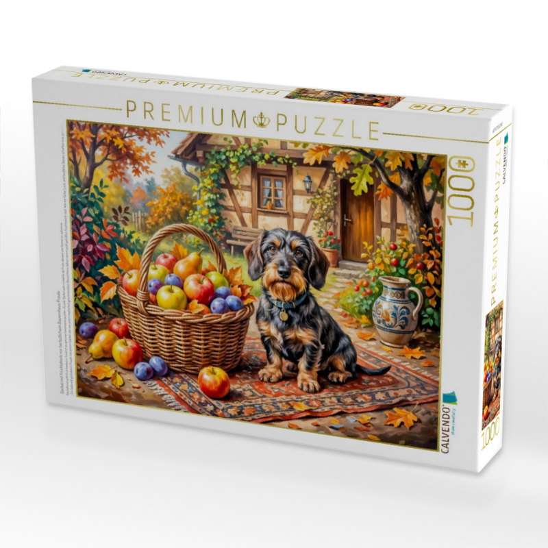 Dackel mit Früchtekorb vor herbstlichem Bauernhaus Puzzle