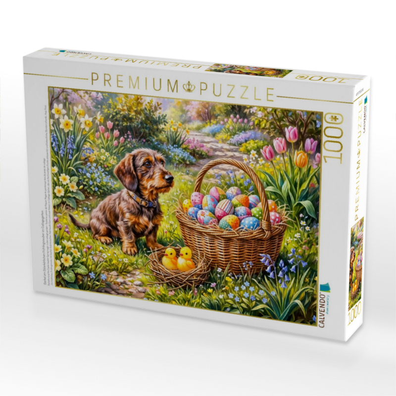 Dackel am Osterkörbchen Frühlingszauber im Cottagegarten