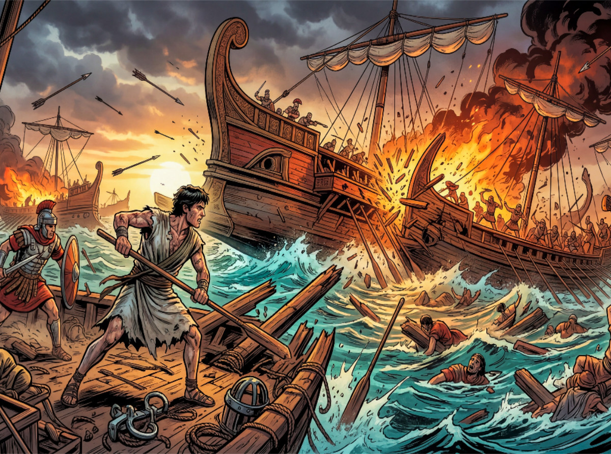 Ben Hur überlebt die brennende Seeschlacht