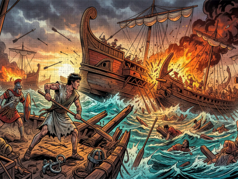 Ben Hur überlebt die brennende Seeschlacht