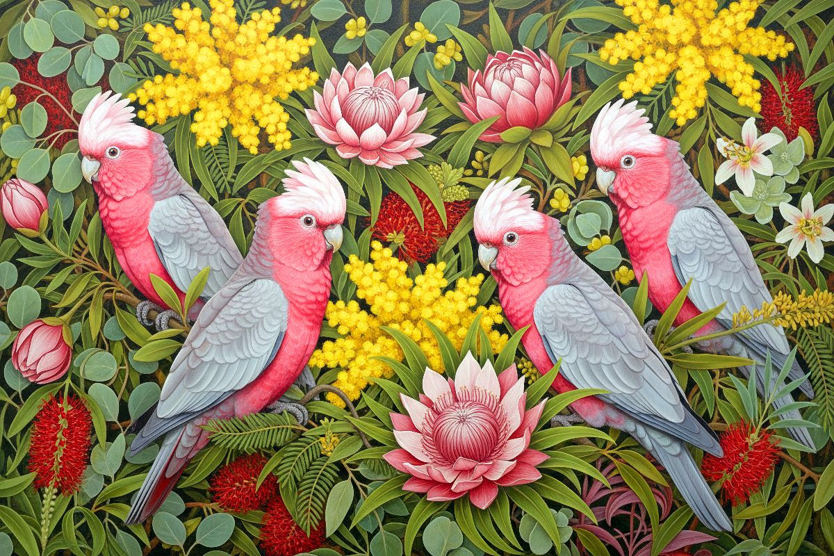 Rosa Kakadu zwischen Blüten ihrer Heimat