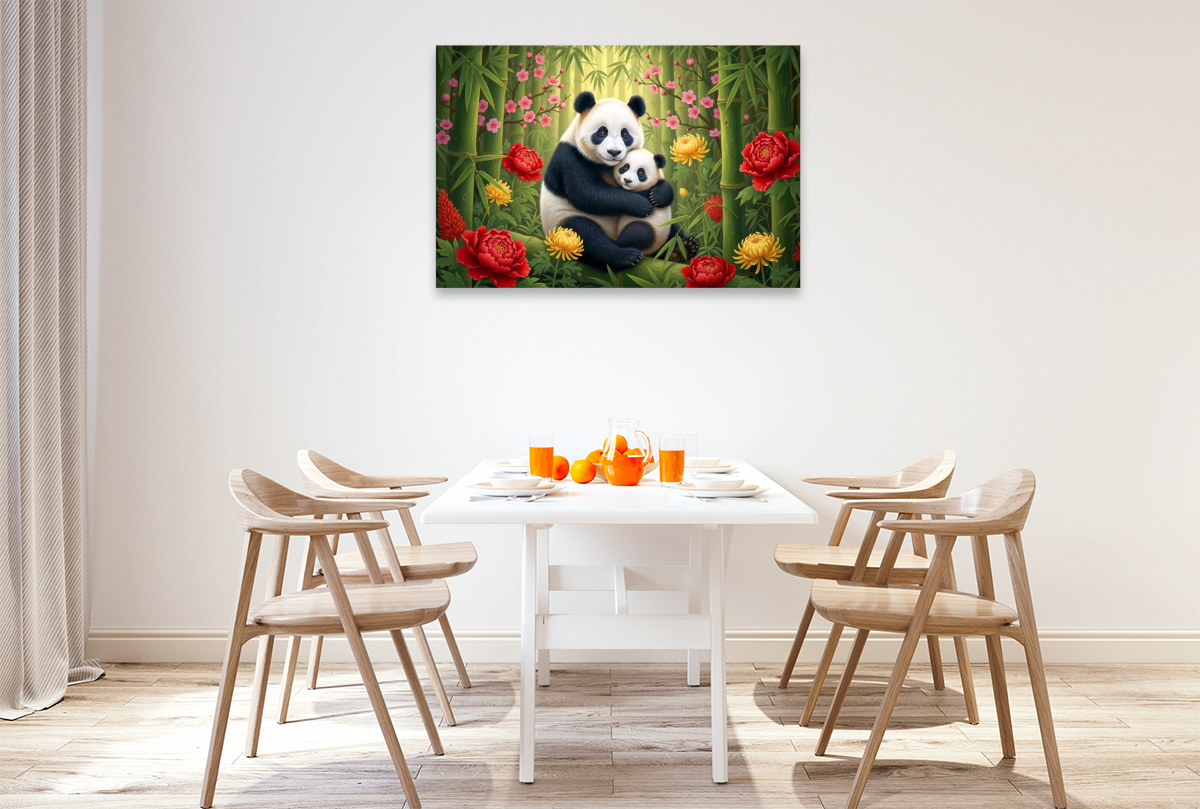 Großer Panda - Mutter und Jungtier zwischen Blüten ihrer Heimat