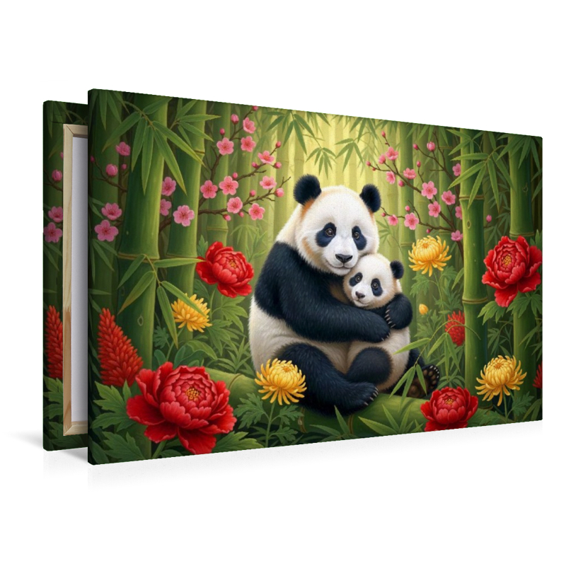 Großer Panda - Mutter und Jungtier zwischen Blüten ihrer Heimat
