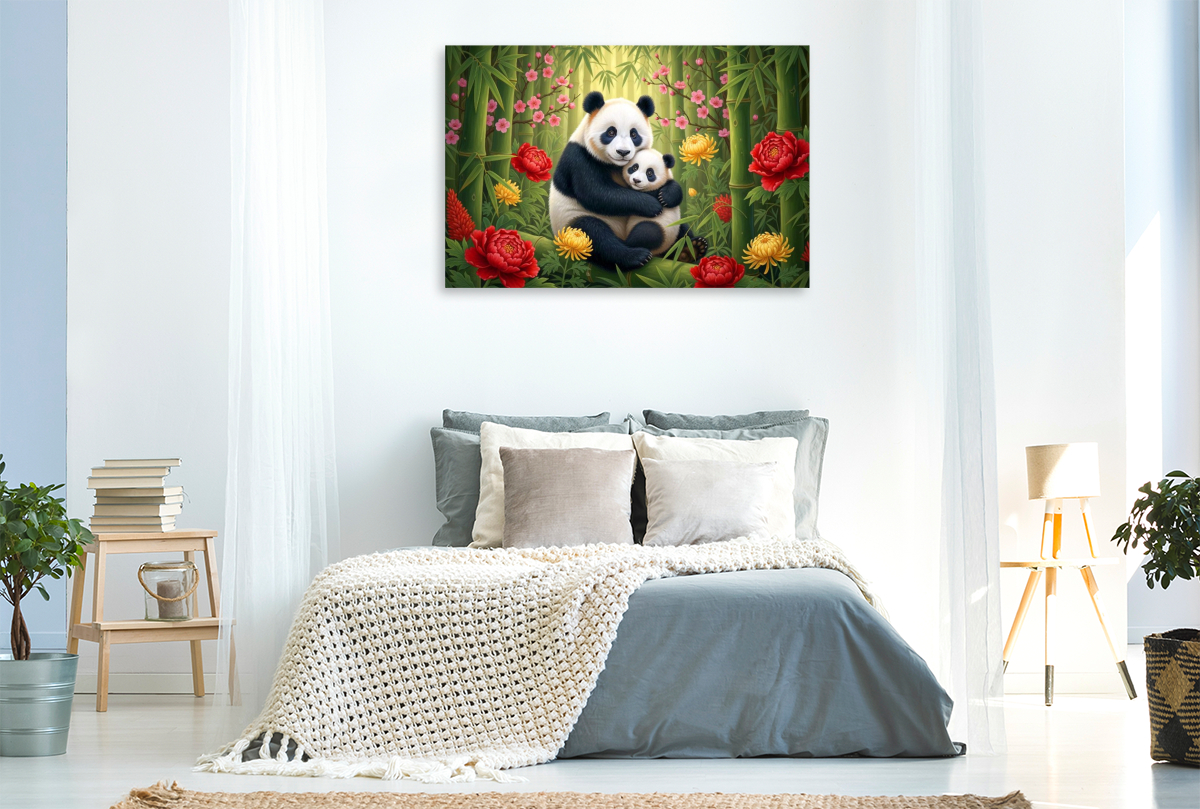 Großer Panda - Mutter und Jungtier zwischen Blüten ihrer Heimat