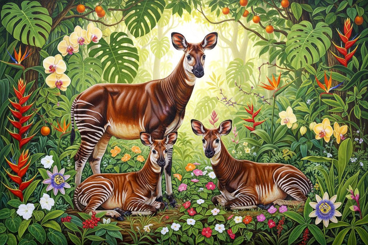 Okapis  zwischen leuchtenden Blüten ihrer Heimat
