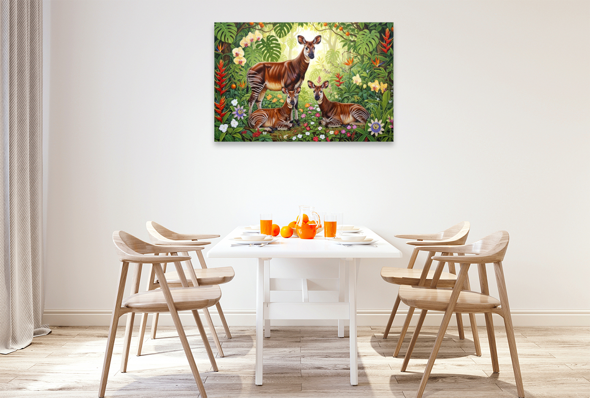 Okapis  zwischen leuchtenden Blüten ihrer Heimat