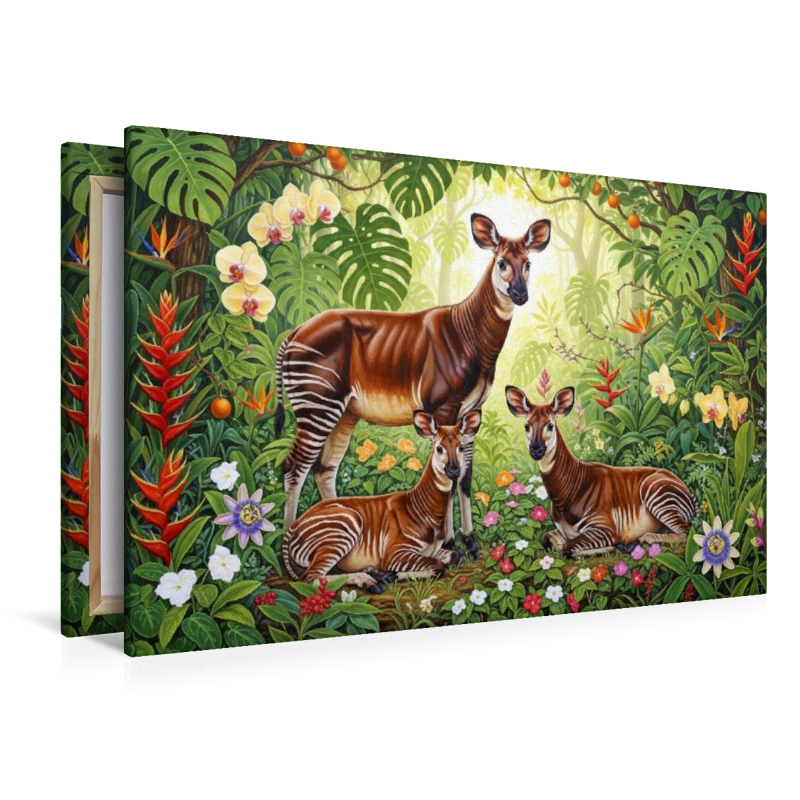 Okapis  zwischen leuchtenden Blüten ihrer Heimat