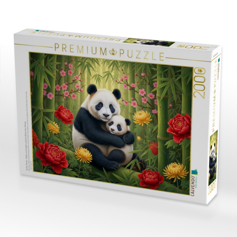 Großer Panda - Mutter und Jungtier zwischen Blüten ihrer Heimat