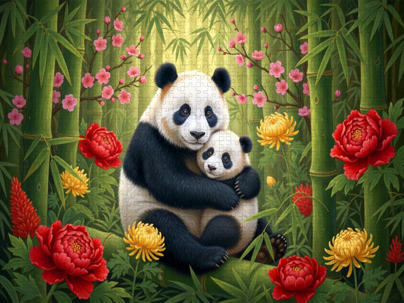 Großer Panda - Mutter und Jungtier zwischen Blüten ihrer Heimat
