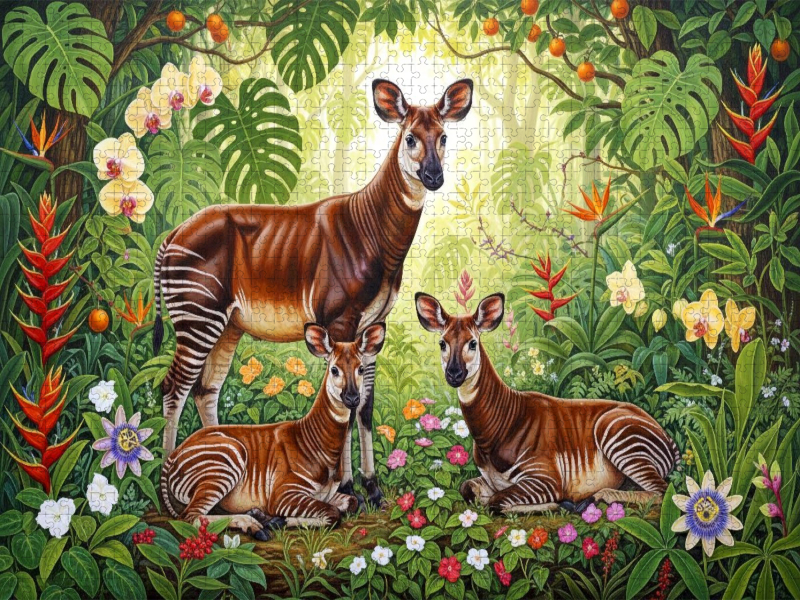 Okapis  zwischen leuchtenden Blüten ihrer Heimat