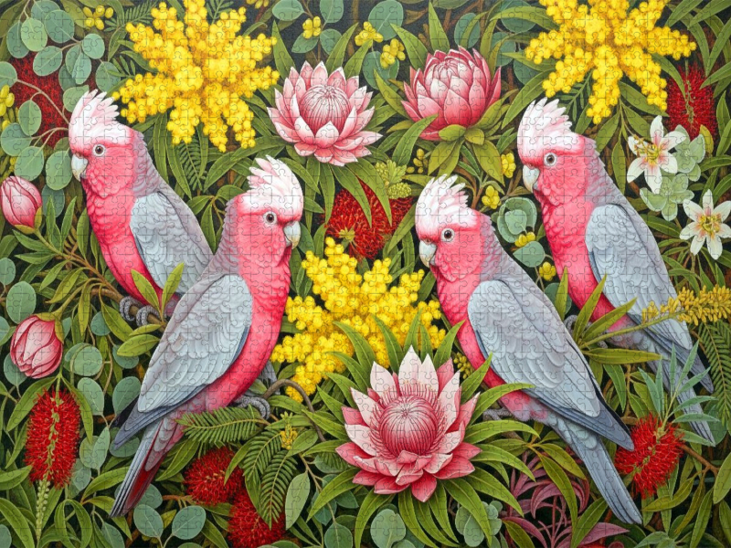 Rosa Kakadu zwischen Blüten ihrer Heimat