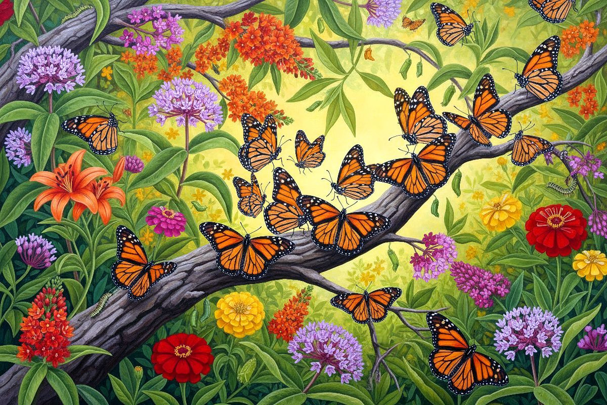 Monarchfalter sammeln sich auf einem Ast zwischen leuchtenden Blüten
