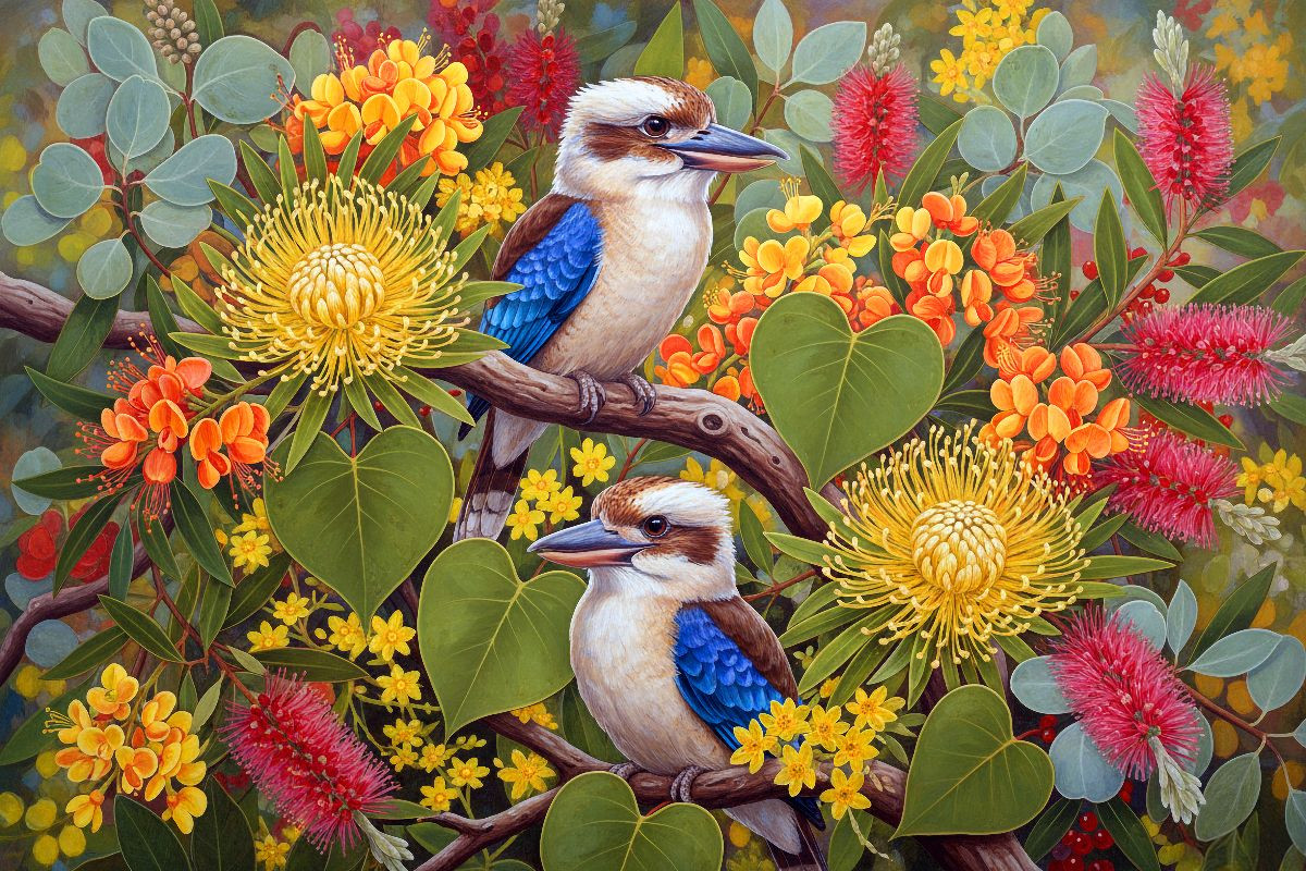 Kookaburra zwischen Blüten ihrer Heimat