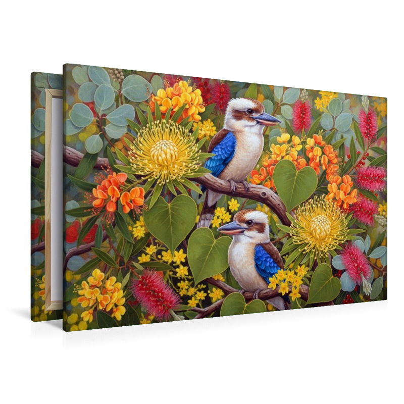 Kookaburra zwischen Blüten ihrer Heimat