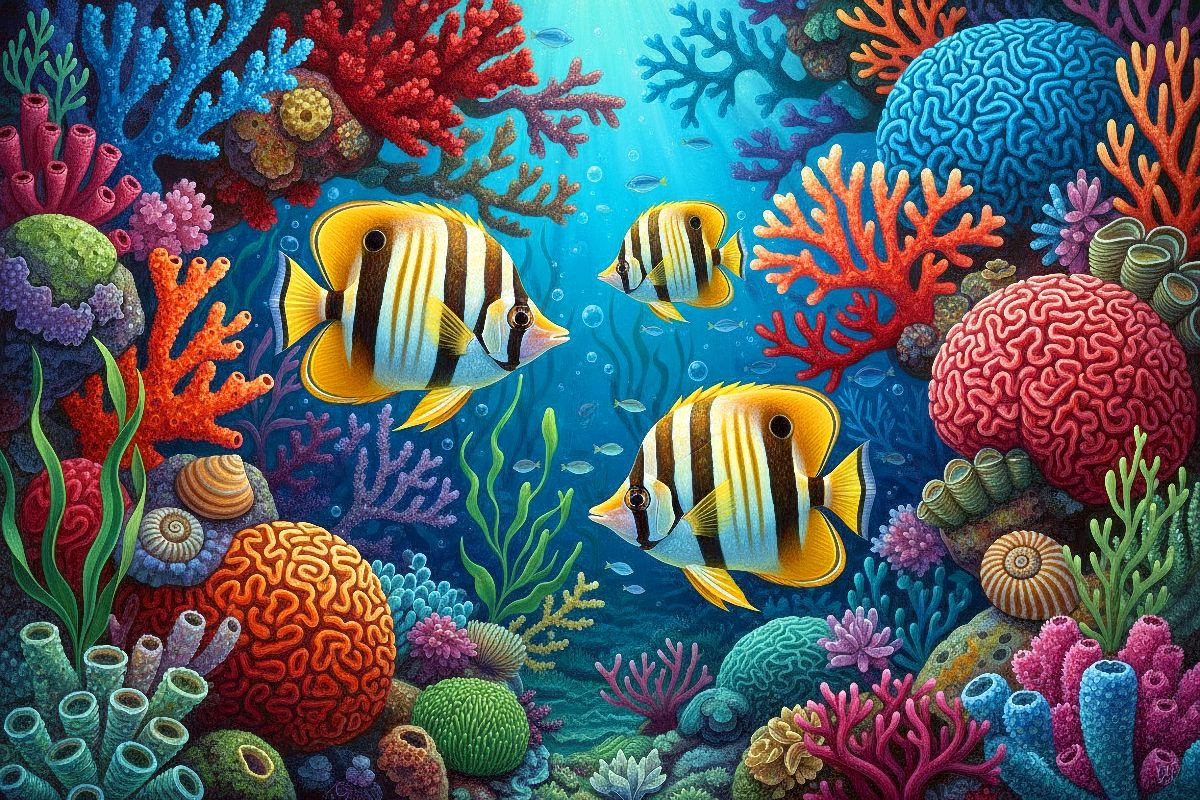 Korallenfische zwischen bunten Korallen