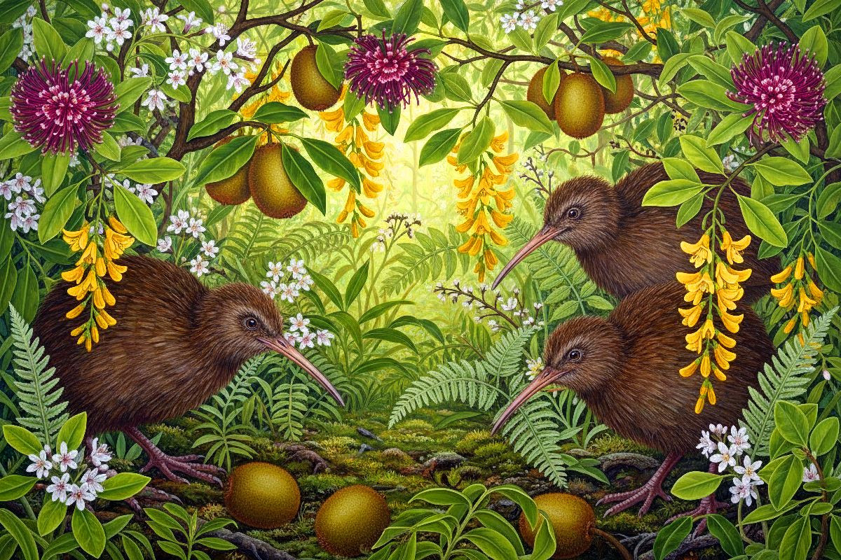 Kiwi und Kiwis - inmitten australischer Blüten