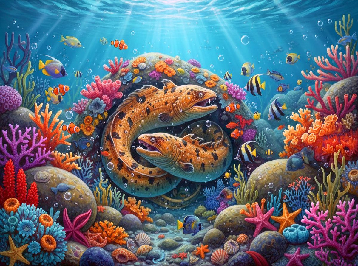 Muränen zwischen Korallenfischen und bunten Korallen