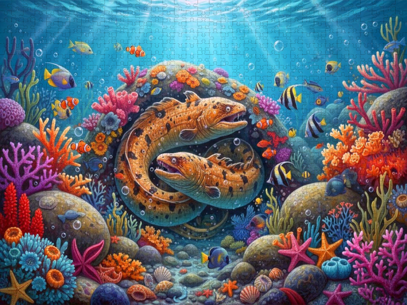 Muränen zwischen Korallenfischen und bunten Korallen
